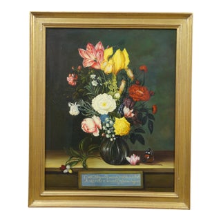 Late 20th Century Bouquet of Flowers in a Glass Vase Oil Painting After Ambrosius Bosschaert 23" For Sale