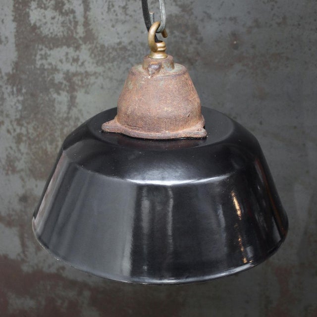 Vintage Industrial Black Enamel Pendant Light in Cast Iron and Clear Glass For Sale - Image 5 of 8