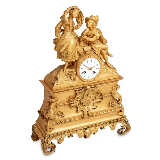French Charles X Gilt Bronze Figural Clock For Sale - Image 3 of 5