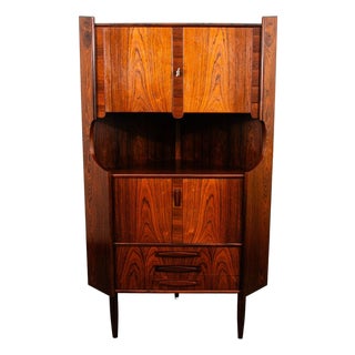 Mid Century Danish Modern Corner Cabinet Rosewood Bar Denmark Drawers Locking For Sale