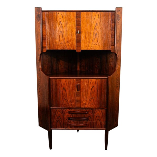 Mid Century Danish Modern Corner Cabinet Rosewood Bar Denmark Drawers Locking For Sale