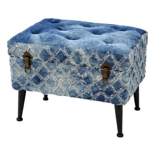 Late 20th Century Indigo Tie-Dye Upholstered Ottoman / Footstool With Tufted Top and Distressed Textile Finish – Boho Accent Stool For Sale