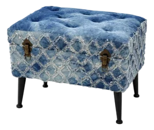 Late 20th Century Indigo Tie-Dye Upholstered Ottoman / Footstool With Tufted Top and Distressed Textile Finish – Boho Accent Stool