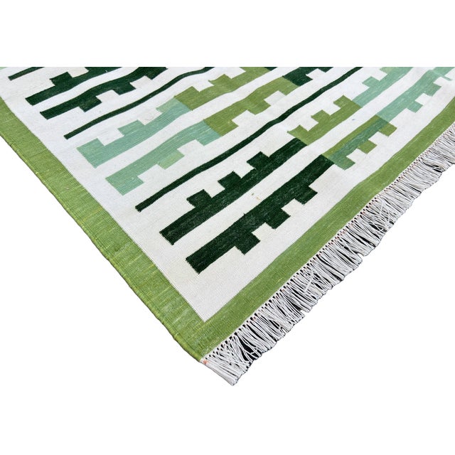 Handmade Cotton Rug, Natural Vegetable Dyed, Green and White Marianne Rug - 6'x9' For Sale - Image 6 of 13