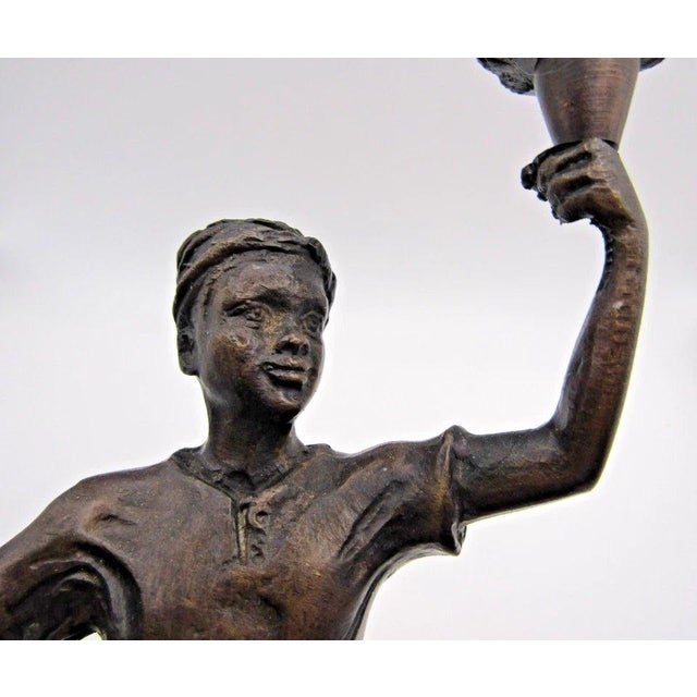 Matched Pair of Vintage Boho Patinated Bronze Boy Torchbearer Candle Holders For Sale - Image 4 of 9
