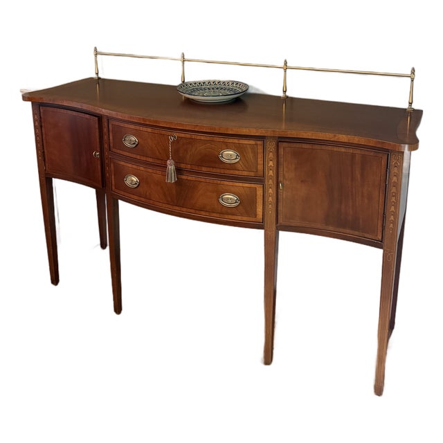Vintage Ethan Allen Bellflower Inlaid Mahogany Serpentine Sideboard With Brass Gallery For Sale
