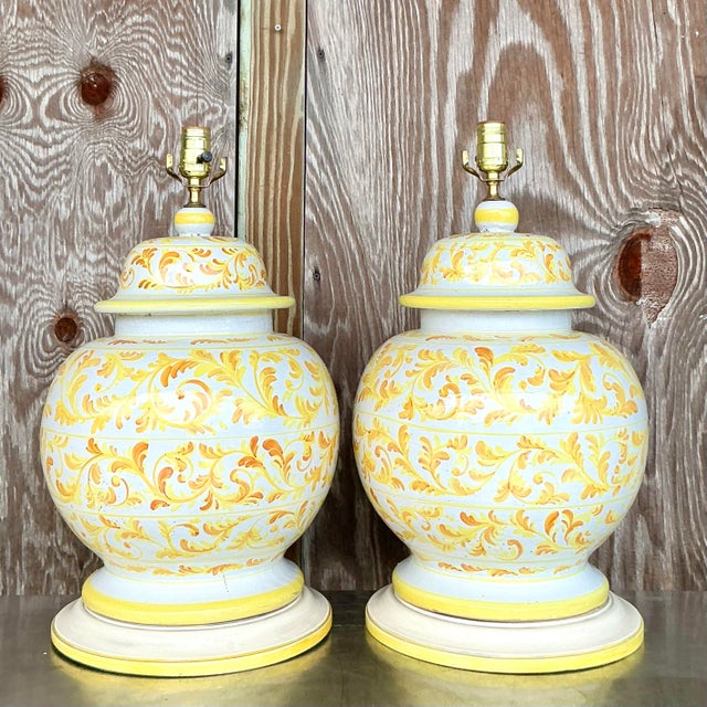 Mid 20th Century Vintage Italian Hand Painted Ceramic Lamps - a Pair For Sale - Image 5 of 6
