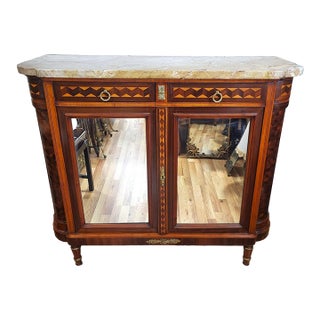 Antique French Louis XVI Inlaid Marble Top & Mirror Door Cabinet Buffet Chest For Sale