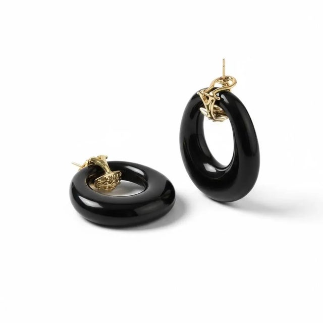 Black 14k Yellow Gold Diamond and Carved Onyx Circle and Turquoise Door Knocker 1.5 Inch Earrings, a Pair For Sale - Image 8 of 10