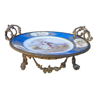 Antique French Hand-Painted Porcelain Centerpiece Bowl With Bronze Ormolu Stand & Cobalt Blue Border For Sale