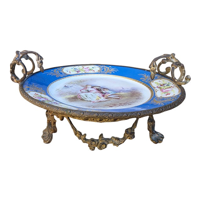 Antique French Hand-Painted Porcelain Centerpiece Bowl With Bronze Ormolu Stand & Cobalt Blue Border For Sale