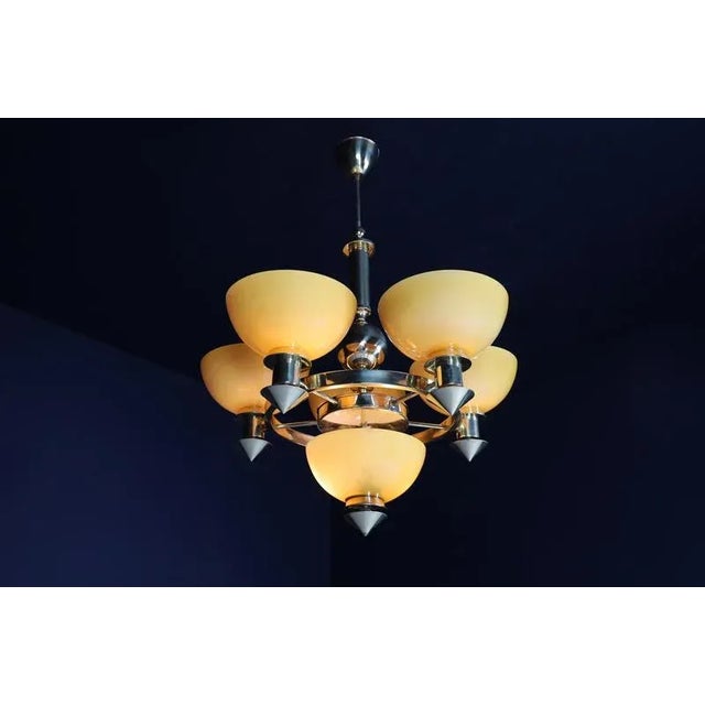 Sculptural Italian Chandelier in Brass & Amber-Gold Opaline Glass, 1970s For Sale - Image 15 of 18