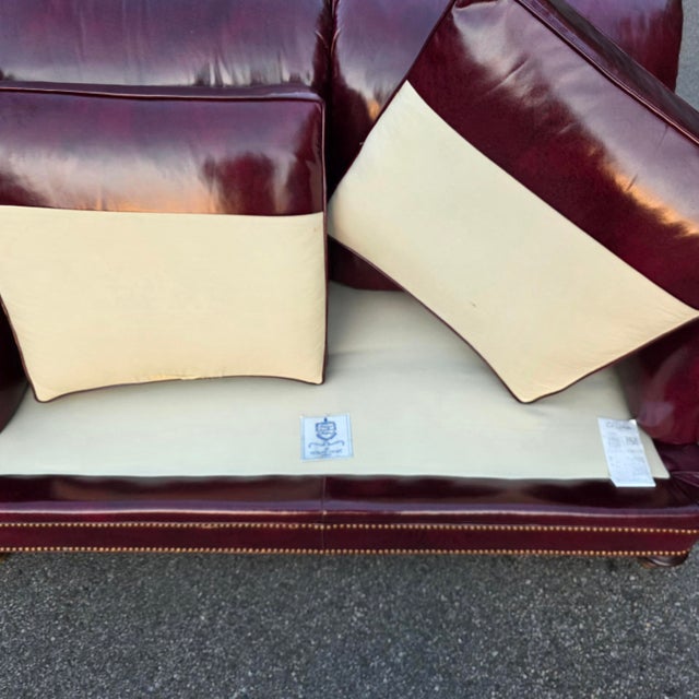 Wood Vintage Hickory Chair English Style Oxblood Leather Loveseat With Brass Nailhead Trim For Sale - Image 7 of 14