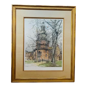 Vintage 1920's Austrian Luigi Kasimir's Rare Aquatint Etching 'Philadelphia' Features Independence Hall, Metropolitan Museum, Smithsonian