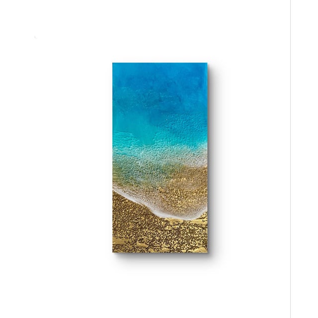 I Was Here by Ana Hefco | Mixed Media on wood panel Abstract beach scene with blue and gold tones. For Sale - Image 4 of 5