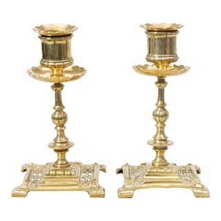 Antique English Solid Brass Candlesticks - a Pair For Sale