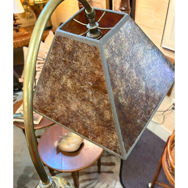 Antique Arts and Crafts Brass Bridge Floor Lamp With an Amber Tone Mica Shade For Sale In New York - Image 6 of 9
