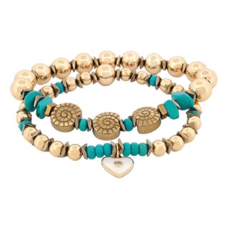 Inner Peace Turquoise & Heart Charm Gold Bracelet Set For Sale