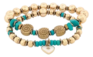 Inner Peace Turquoise & Heart Charm Gold Bracelet Set