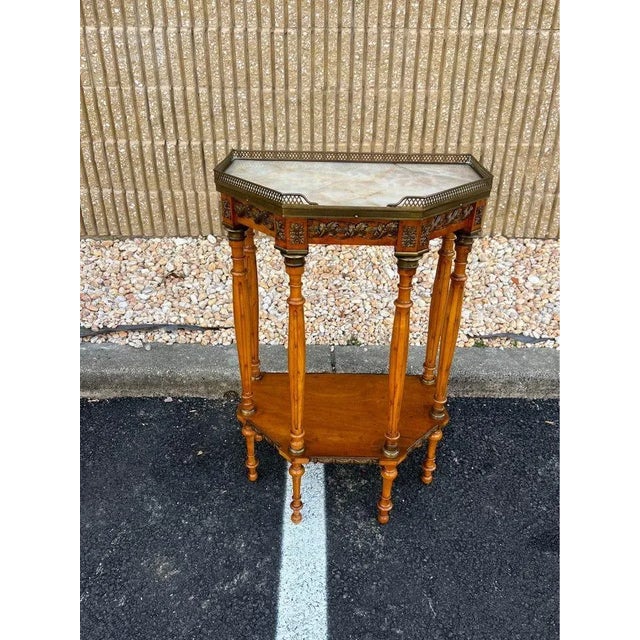 Louis XV Style Fruitwood and Onyx Top Side Table With 6 Legs White marble top with small bronze gallery. It is in good...