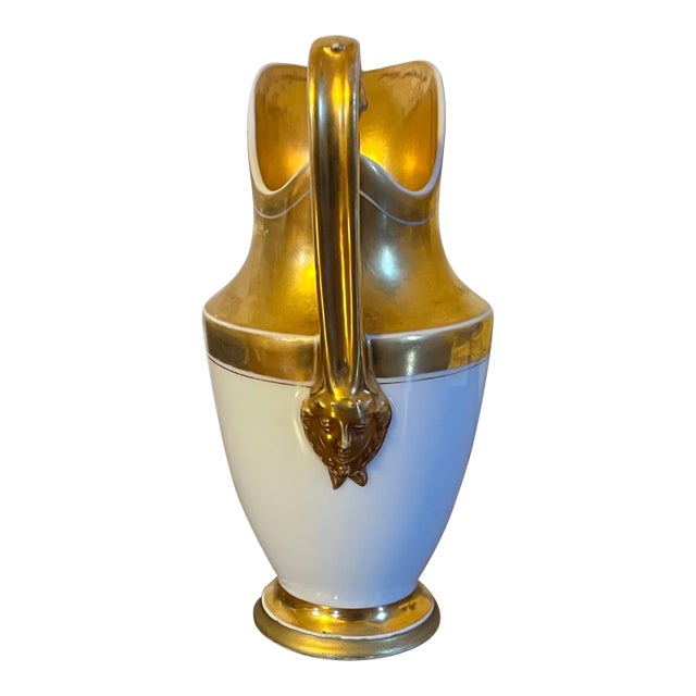 Antique Early 19th Century French Empire Paris Porcelain Locre Gold and White Ewer or Pitcher Circa 1800 - 1810 For Sale
