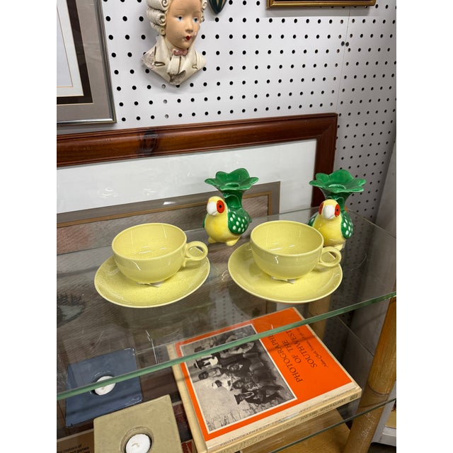 1955 Mid-Century Modern Taylor, Smith & Taylor Pebbleford Sunburst Yellow Dinnerware - Set of 4 Teacups, 10 Dinner Plates, 5 Salad Plates, 10 Saucers For Sale - Image 4 of 8
