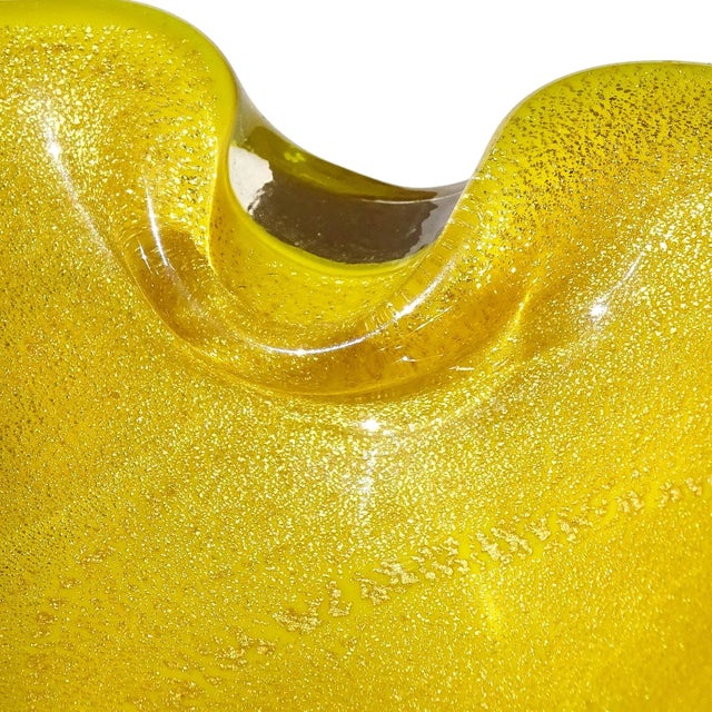 Glass Vintage Murano Bright Golden Yellow Gold Flecks Italian Art Glass Heart Shape Bowl Ashtray For Sale - Image 7 of 8