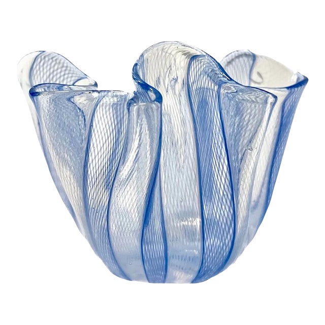 Vintage Venini Blue and White Murano Glass Vase For Sale