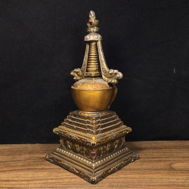 Vintage Tibetan Gilt Bronze Stupa - Buddhist Reliquary Pagoda With Gemstone Inlay For Sale In Los Angeles - Image 6 of 9