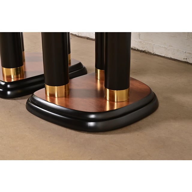 Drexel Heritage Modern Art Deco Walnut and Black Lacquered Double Pedestal Extension Dining Table, Newly Refinished For Sale - Image 11 of 14