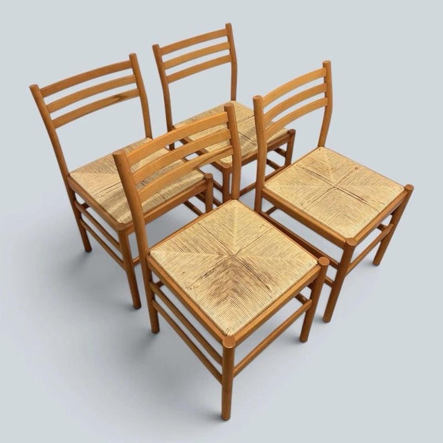 2000 - 2009 Mid-Century Italian Beech and Rush Ladderback Dining Chairs, Set of 4 For Sale - Image 5 of 9