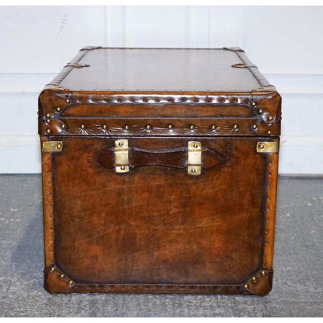 Vintage Hand-Dyed Brown Leather Lockable Storage Steamer Trunk For Sale - Image 13 of 18