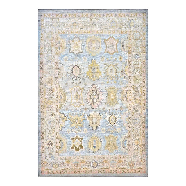 21st Century Turkish Oushak Wool 11x17 Light Blue,Yellow & Ivory Handmade Area Rug #1144131 For Sale