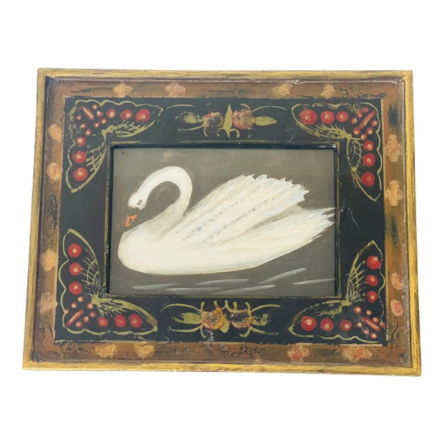 1950s Original Swan Painting in an Antique Folk Art Butterfly Frame For Sale