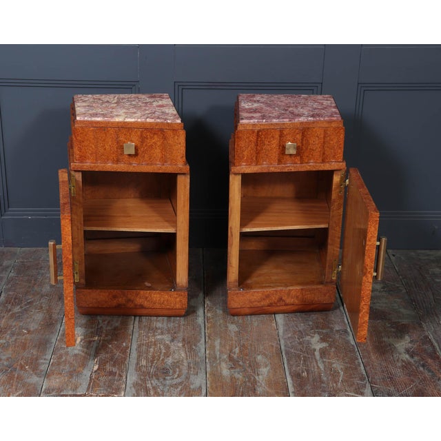 French Art Deco Bedside Tables in Amboyna and Marble, 1930s, Set of 2 For Sale - Image 9 of 15