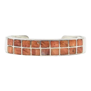 Late 20th Century Navajo Native American Spiney Oyster Shell Inlay Sterling Silver Cuff Bracelet by Sheila Tso