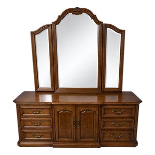 Thomasville 20th Century Burl Dresser With Trifold Mirror For Sale