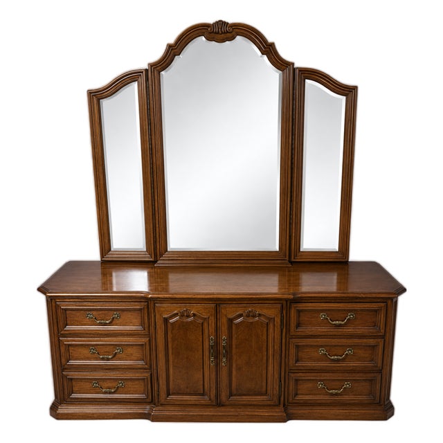 Thomasville 20th Century Burl Dresser With Trifold Mirror For Sale