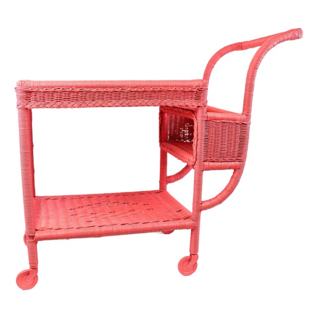Vintage Wicker Bar Cart in Coral Pink For Sale