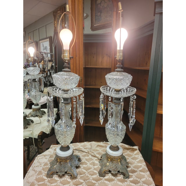 White Pair of 1940s Glass & Crystal Table Lamps. For Sale - Image 8 of 8