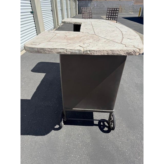 Ow Lee Outdoor Rolling Bar With Faux Stone Top & Two Swivel Bar Stools For Sale - Image 4 of 8