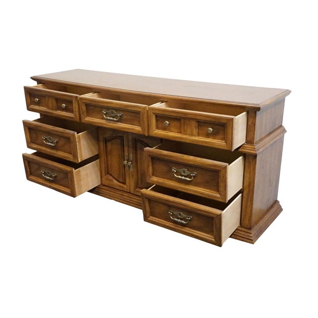 Brown Bassett Furniture Solid Oak Traditional American Colonial Revival 70" Triple Door Dresser 2085-247 For Sale - Image 8 of 15