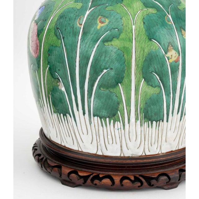 Green Pair of Chinese Cabbage Leaf Motif Famille Rose Porcelain Jars Mounted as Table Lamps For Sale - Image 8 of 9
