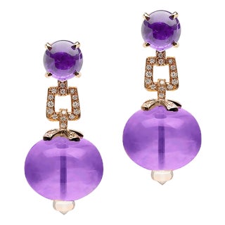 Amethyst Bead And Cabochon Earrings with Diamonds, A Pair For Sale