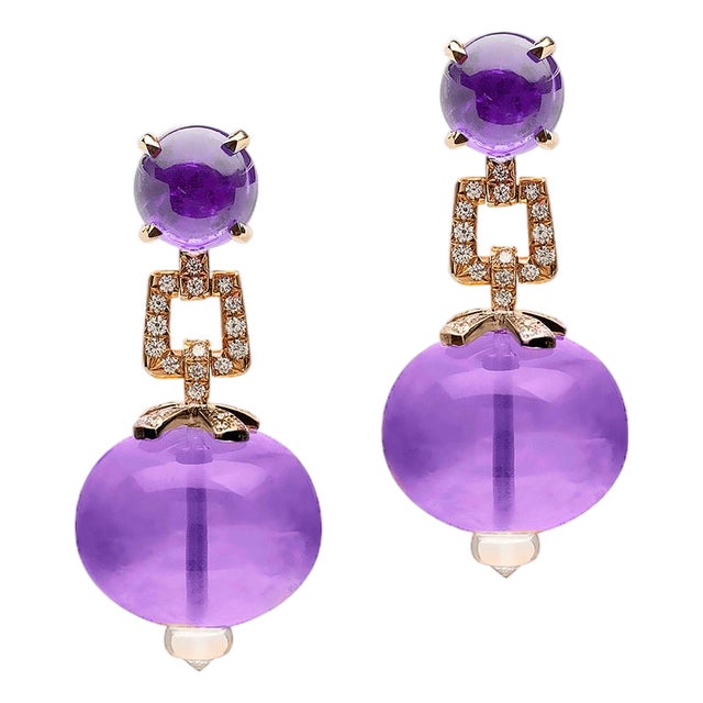 Amethyst Bead And Cabochon Earrings with Diamonds, A Pair For Sale
