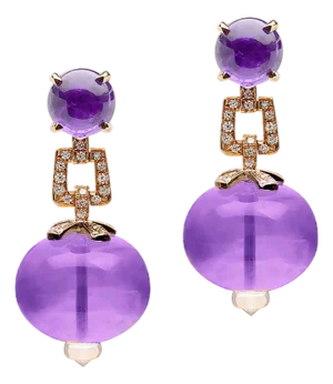 Amethyst Bead And Cabochon Earrings with Diamonds, A Pair