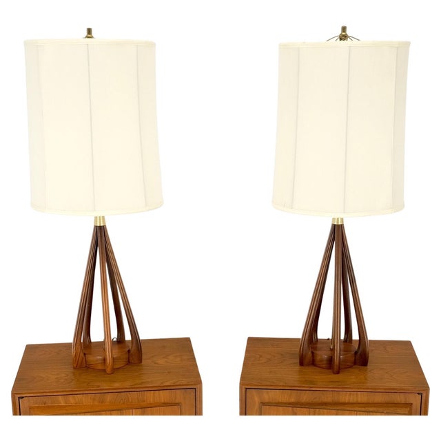 Mid 20th Century Oiled Walnut Mid-Century Modern Carved Sculptured Table Lamps Pearsal Mint - A Pair For Sale - Image 6 of 15
