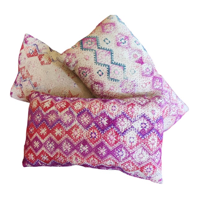 Softly Worn Chinese Wedding Quilt Pillows, Set 3 For Sale