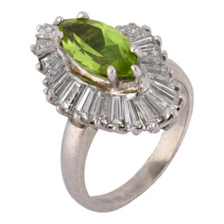 Vintage 3.20 Carat Peridot Diamond Platinum Ballerina Ring, Size 4.75 For Sale