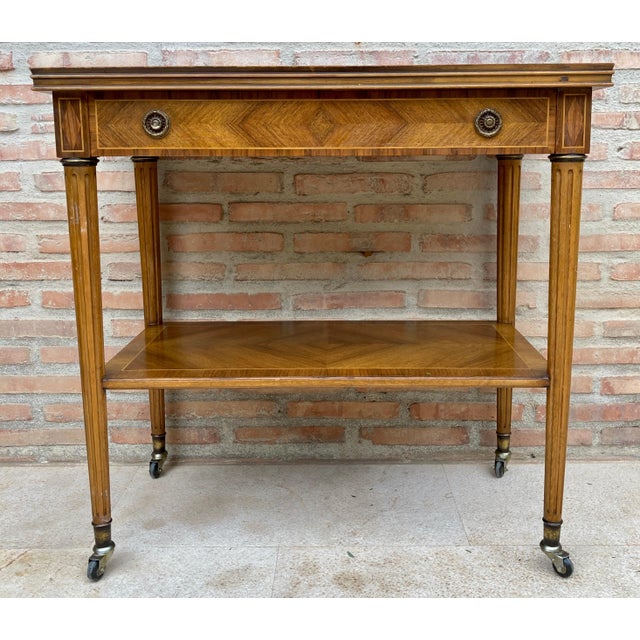 Neoclassic French Marquetry Side Table With One Drawer And Wheels 1940s For Sale - Image 18 of 18